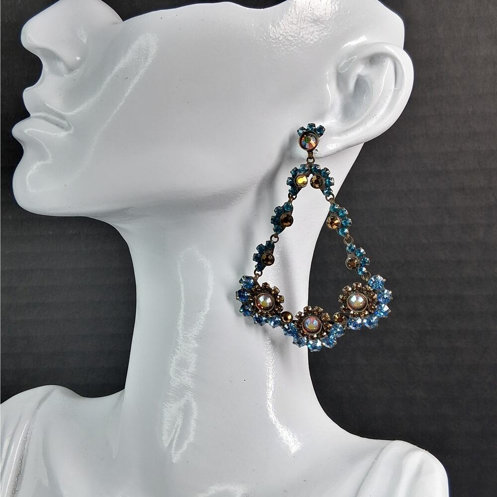 Sorrelli Chandelier Earrings Antique Brass Color w/Blue & Brown Crystals FLAWED